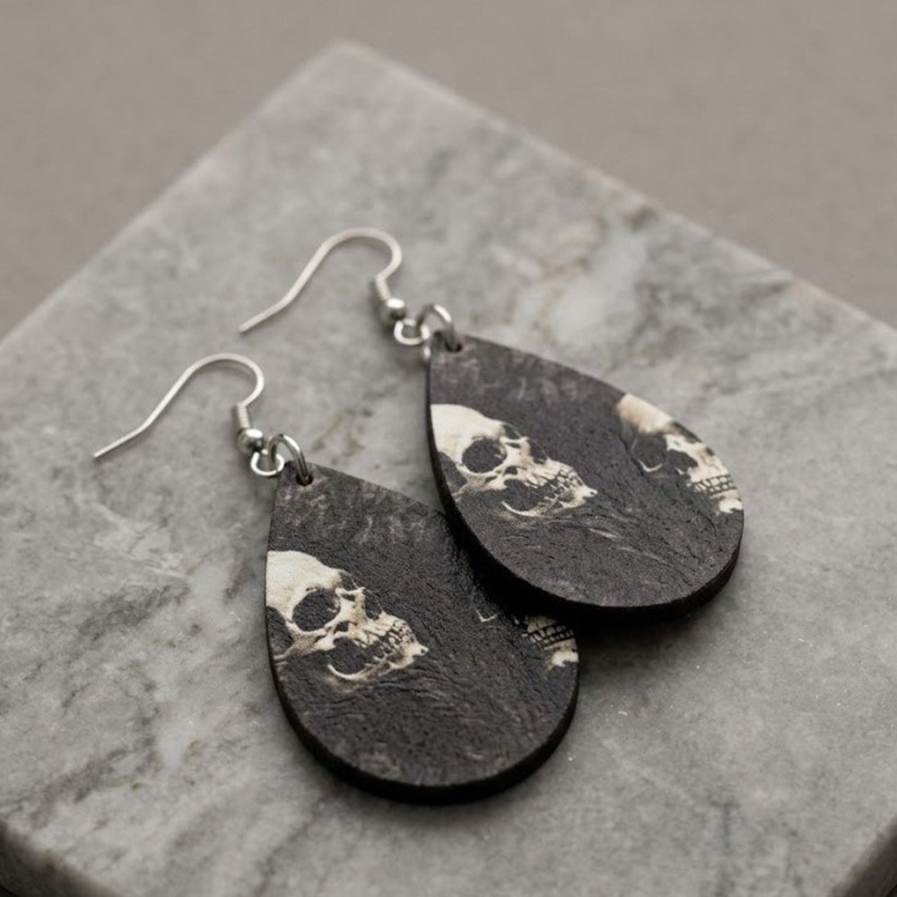 Handmade Earrings Double Skull Goth Dark Teardrop Dangle Silver Tone Stainless